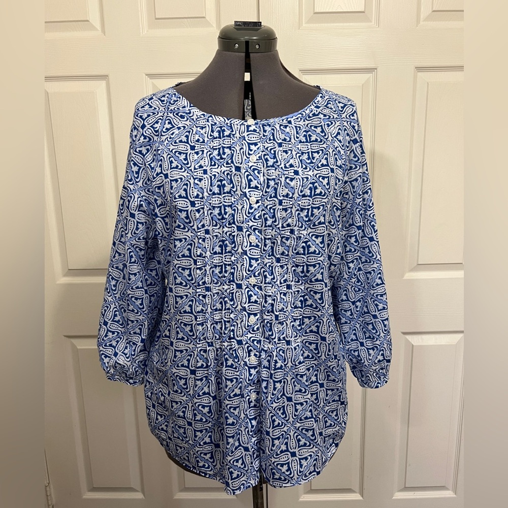 Talbots 1XP Petite Tunic with 3/4 Sleeves: White and Indigo